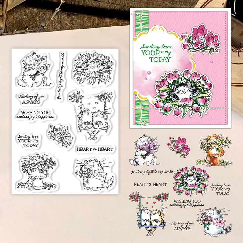Clear Silicone Stamps For Card Making - Suncraft Sevimli Kedi ve Çiçekler Şeffaf