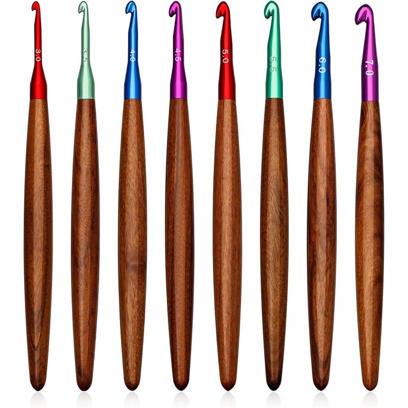 Wooden Crochet Hooks Ergonomic Handle - AB34-Alüminyum Ahşap Saplı Tığlar, 8 Parça,